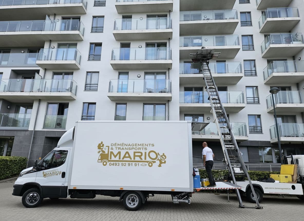 Équipe Mario avec camion de déménagement et lift